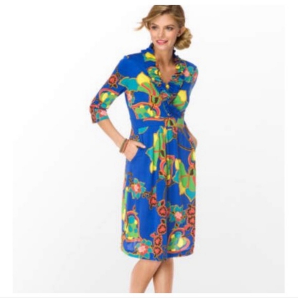 Lilly Pulitzer Blayney Ruffle Dress Stary Blue Multi Floral Print Dress